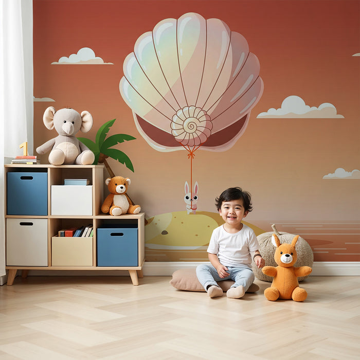 Papel pintado infantil | Conejo aventurero en una isla tropical