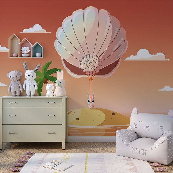 Papel pintado infantil | Conejo aventurero en una isla tropical
