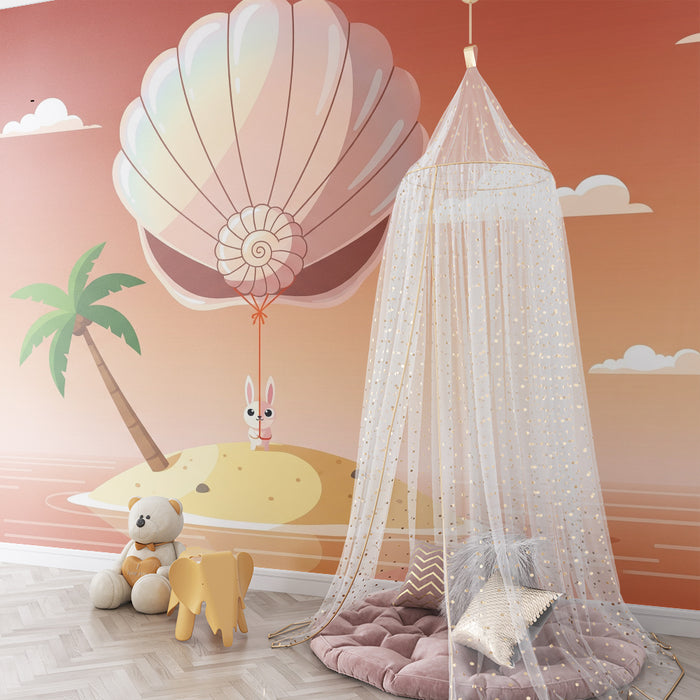 Papel pintado infantil | Conejo aventurero en una isla tropical