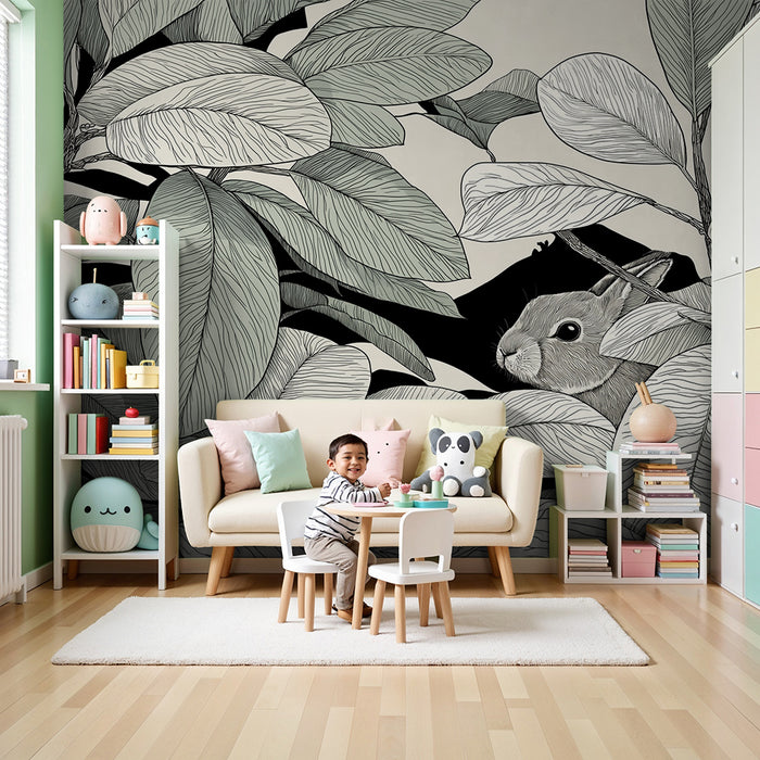 Kids room wallpaper | Hidden rabbit among delicate leaves