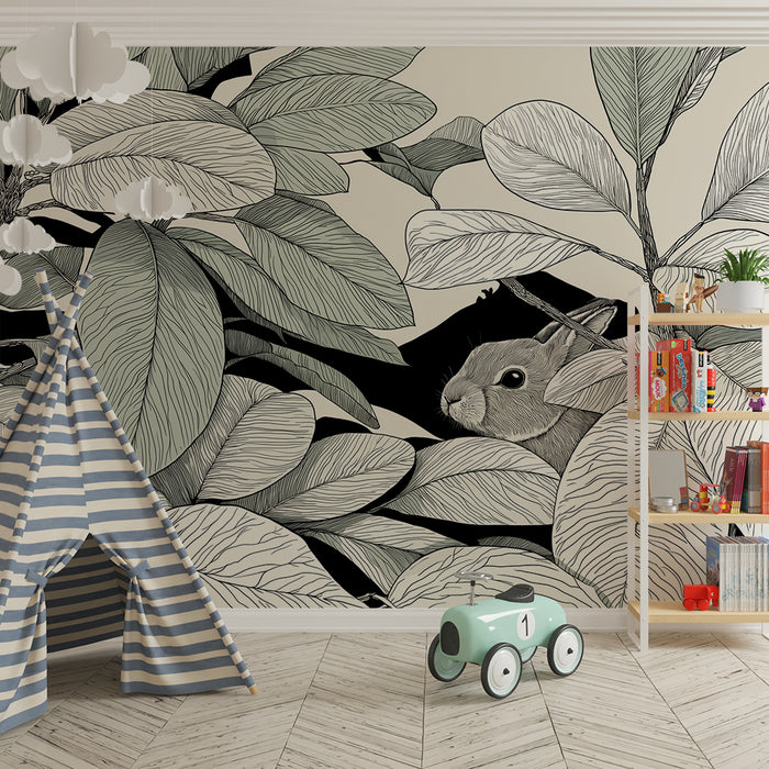 Kids room wallpaper | Hidden rabbit among delicate leaves