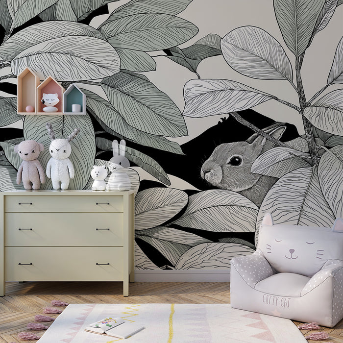 Kids room wallpaper | Hidden rabbit among delicate leaves