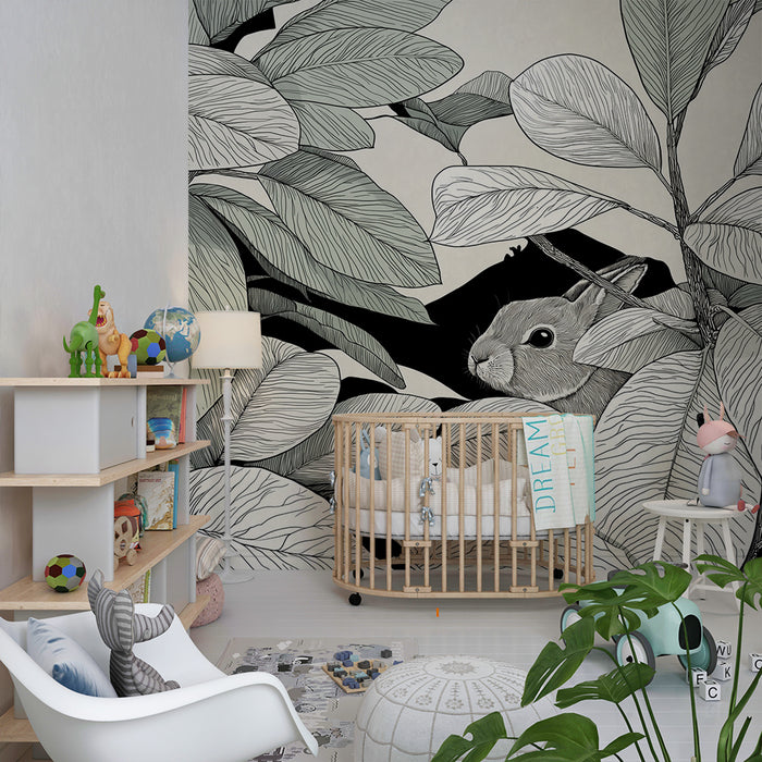 Papier peint chambre enfant | Lapin caché parmi les feuilles délicates