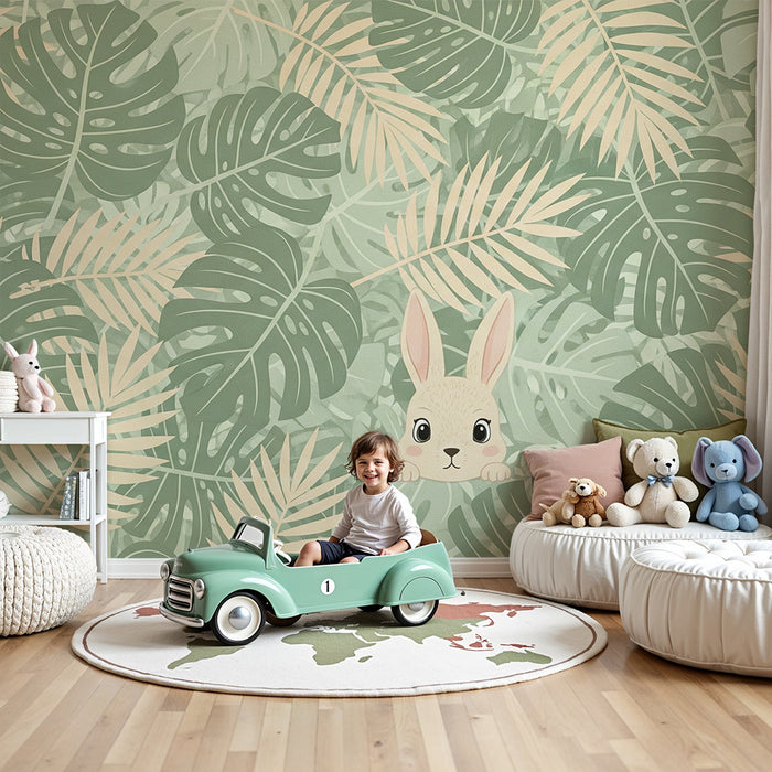 Gyerekszoba tapéta | Kíváncsi nyúl a trópusi levelek között