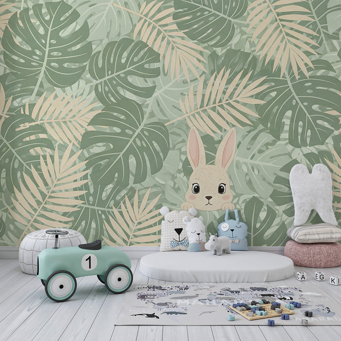 Gyerekszoba tapéta | Kíváncsi nyúl a trópusi levelek között