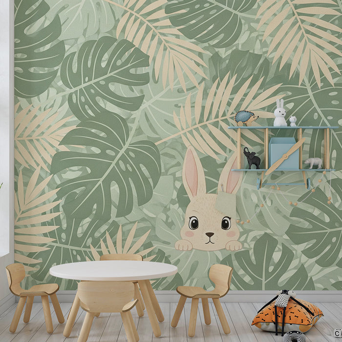 Gyerekszoba tapéta | Kíváncsi nyúl a trópusi levelek között