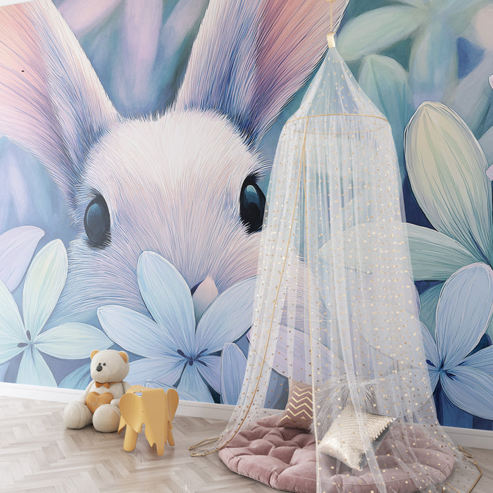 Papel pintado infantil | Conejo curioso en medio de las flores