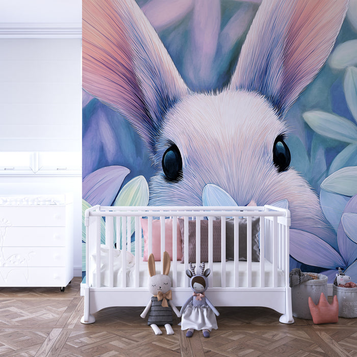Papel pintado infantil | Conejo curioso en medio de las flores