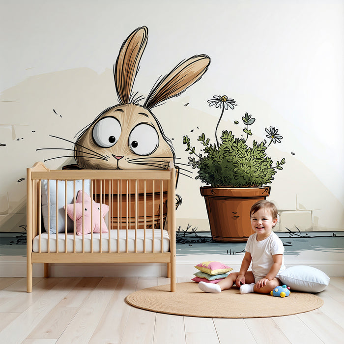 Kinderkamer behang | Nieuwsgierig konijn in een bloempot