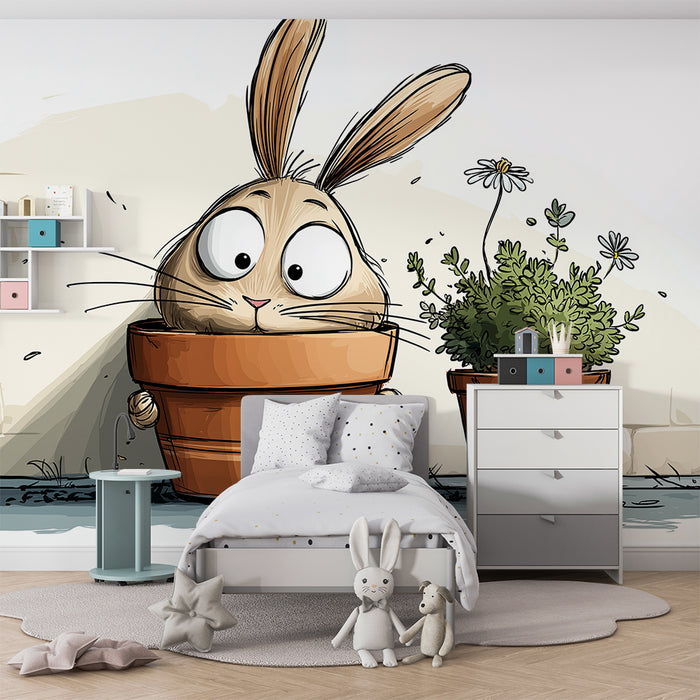 Kinderkamer behang | Nieuwsgierig konijn in een bloempot