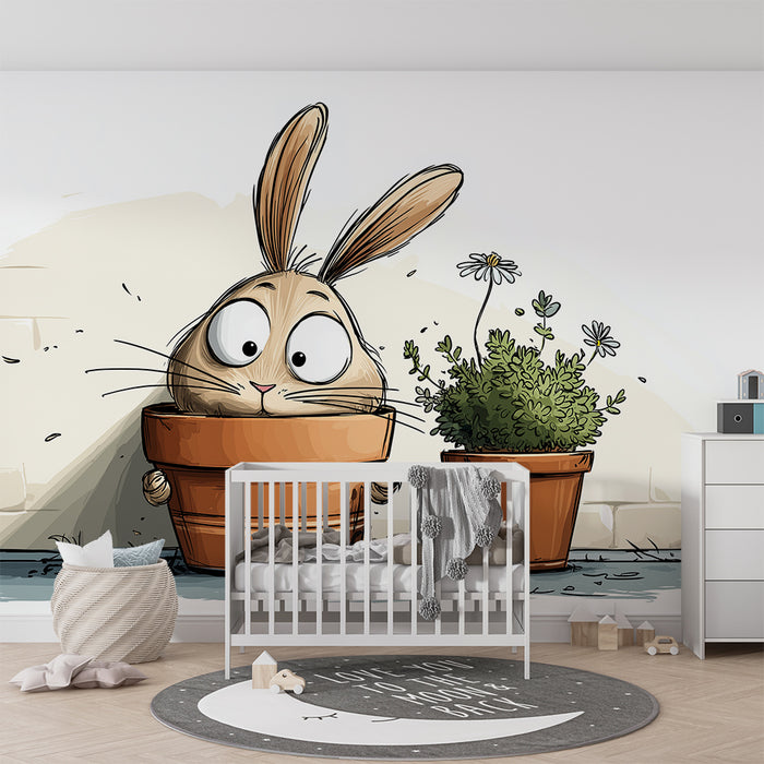 Kinderkamer behang | Nieuwsgierig konijn in een bloempot