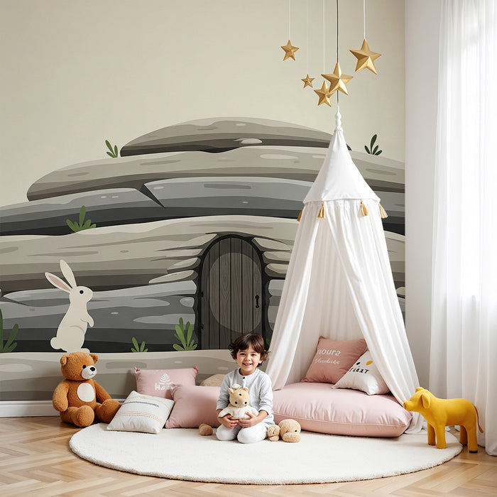 Papel pintado infantil | Conejito curioso ante una puerta misteriosa en un paisaje rocoso