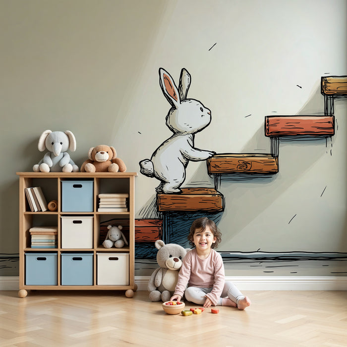 Kids room wallpaper | Curious rabbit climbing the stairs