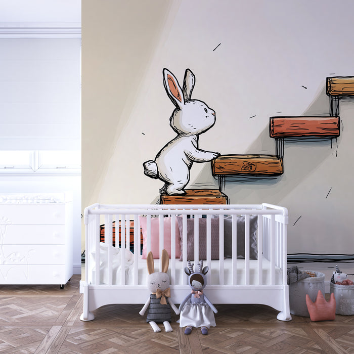 Kids room wallpaper | Curious rabbit climbing the stairs