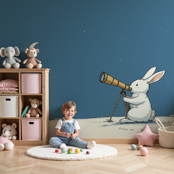 Papel de parede criança | Coelho curioso observando a lua com um telescópio