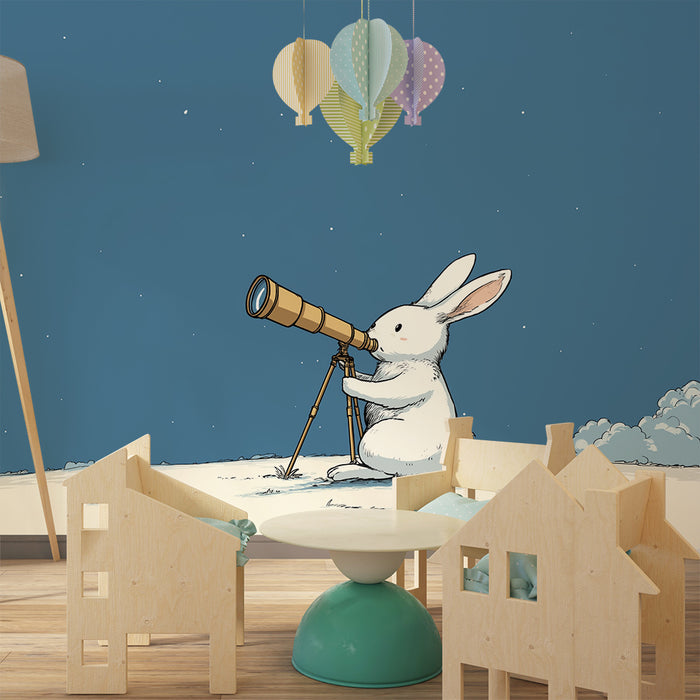 Papel de parede criança | Coelho curioso observando a lua com um telescópio