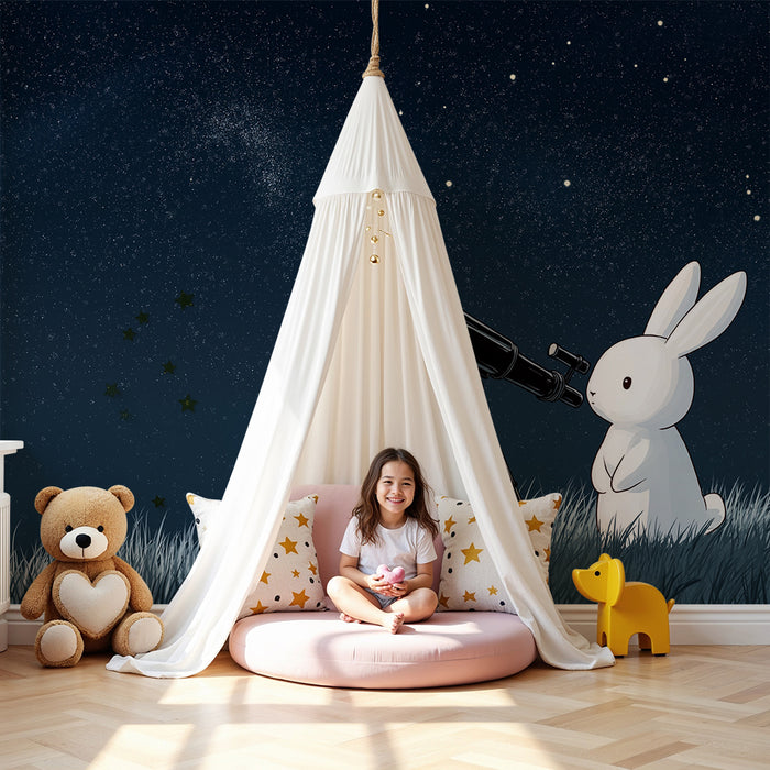 Papier peint chambre enfant | Lapin curieux observant les étoiles avec un télescope