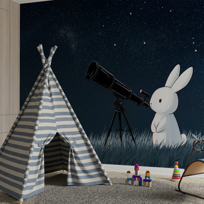 Papier peint chambre enfant | Lapin curieux observant les étoiles avec un télescope