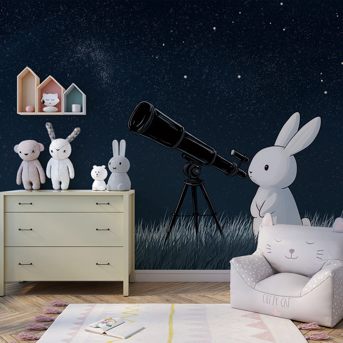 Papier peint chambre enfant | Lapin curieux observant les étoiles avec un télescope