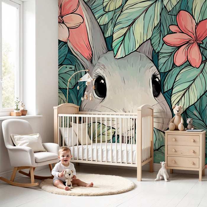 Papel pintado infantil | Conejo en la selva floral