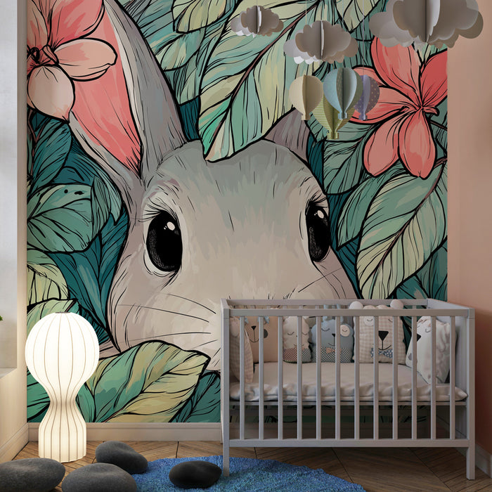 Papel pintado infantil | Conejo en la selva floral
