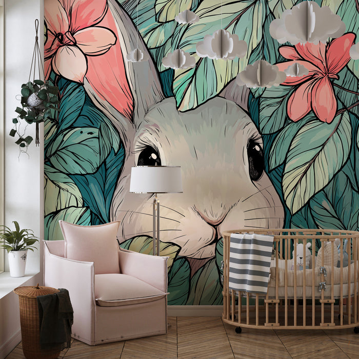 Papel pintado infantil | Conejo en la selva floral