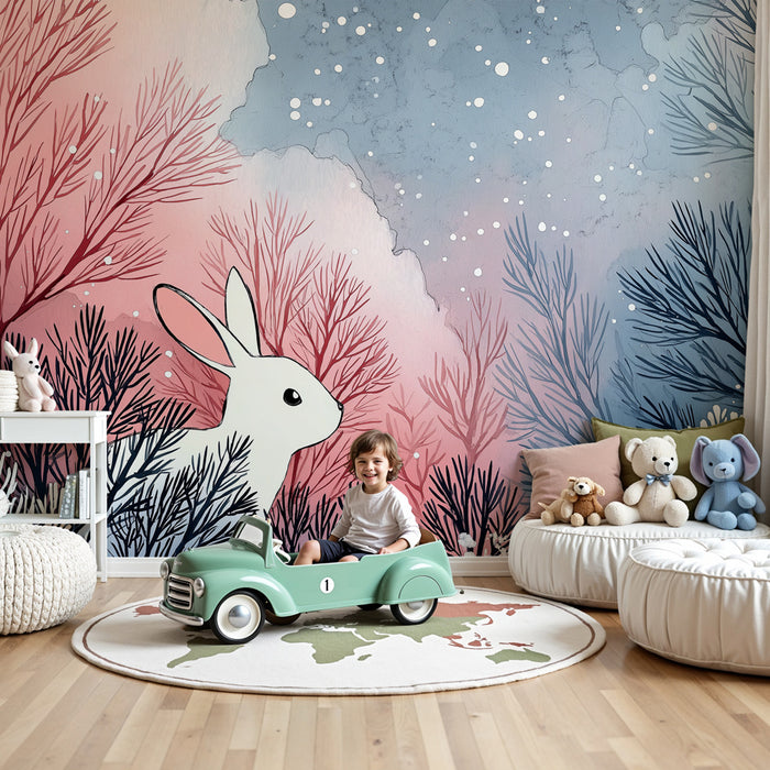 Kinderkamer behang | Konijn in betoverend winterlandschap