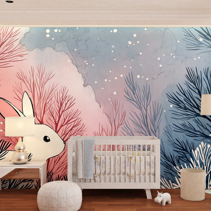 Kinderkamer behang | Konijn in betoverend winterlandschap