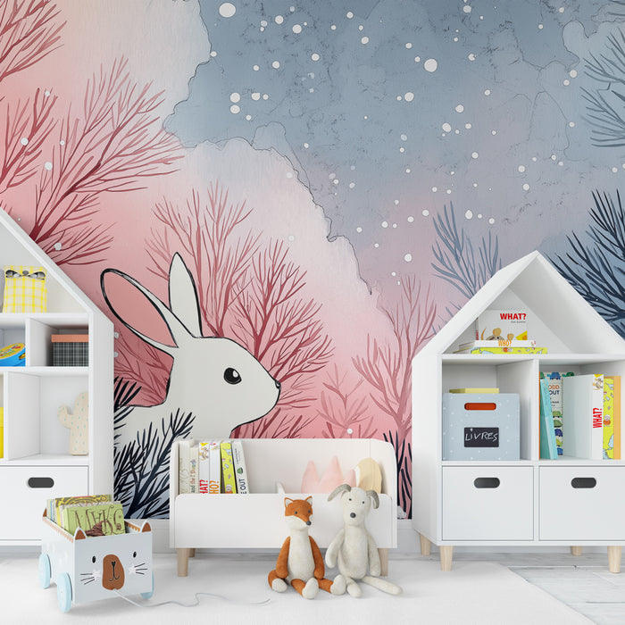 Kinderkamer behang | Konijn in betoverend winterlandschap