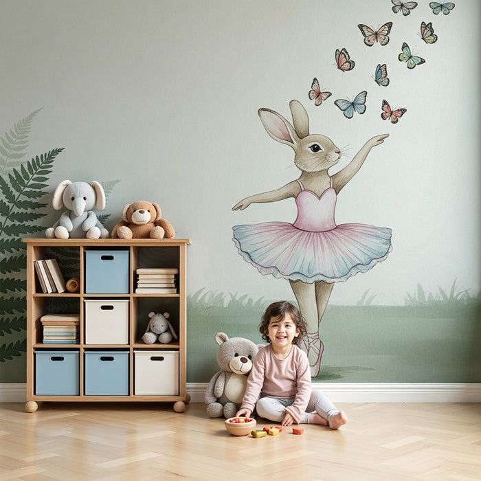 Tapet barnerom | Dansende kanin og fargerike sommerfugler