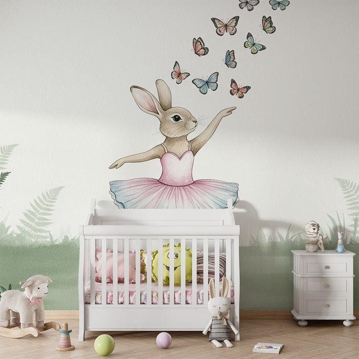 Tapet barnerom | Dansende kanin og fargerike sommerfugler