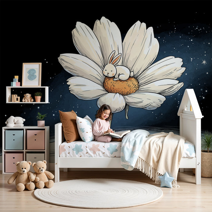 Kids room wallpaper | Sleeping rabbit on a daisy under a starry sky