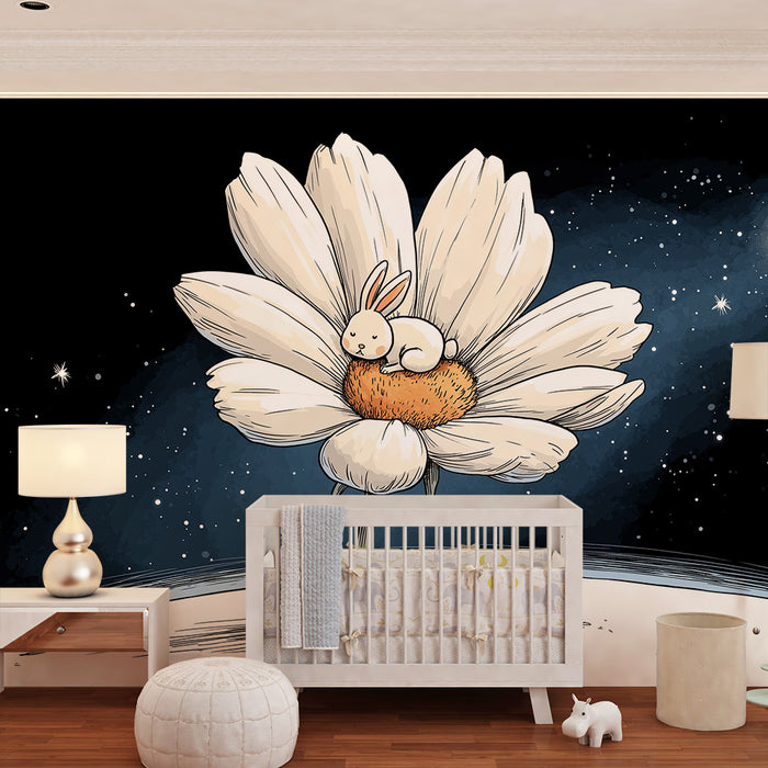 Kids room wallpaper | Sleeping rabbit on a daisy under a starry sky