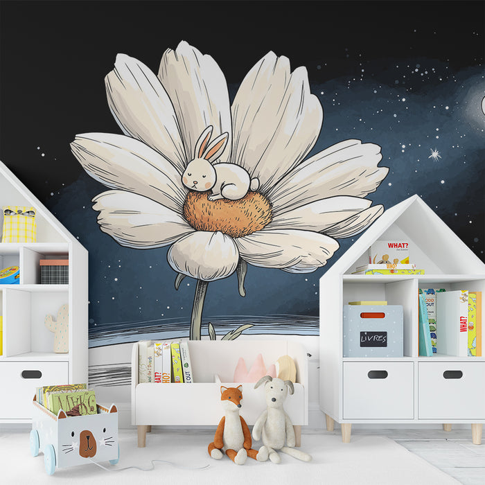 Kids room wallpaper | Sleeping rabbit on a daisy under a starry sky