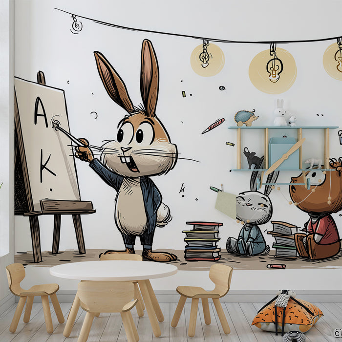 Papel de parede criança | Coelho professor com seus alunos animais em plena aula