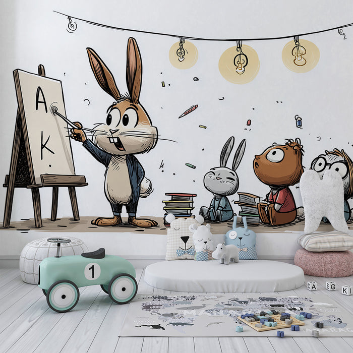 Papel de parede criança | Coelho professor com seus alunos animais em plena aula