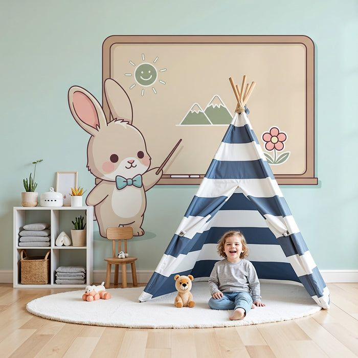 Carta da parati bambini | Coniglio insegnante e scena gioiosa