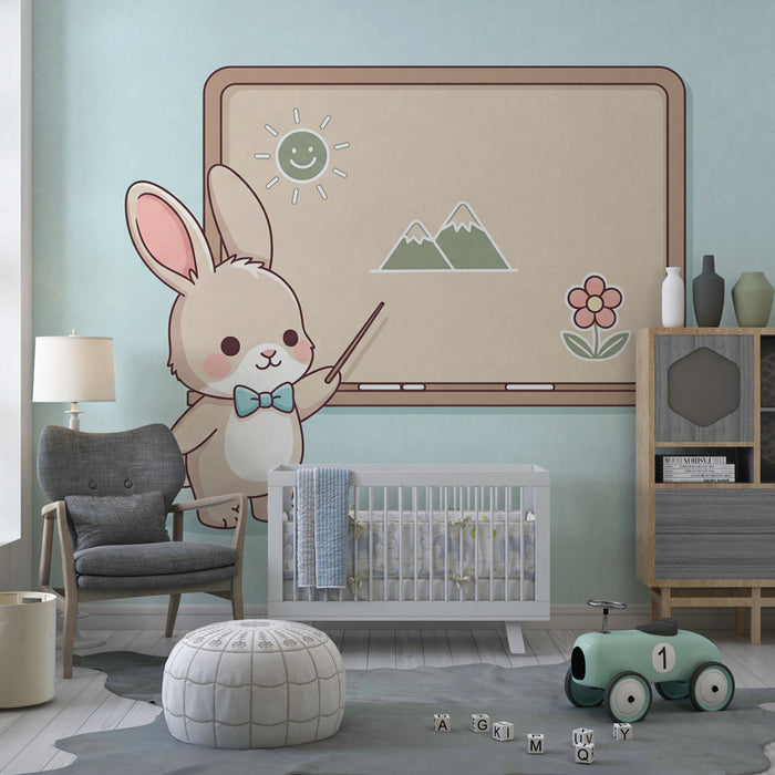 Carta da parati bambini | Coniglio insegnante e scena gioiosa