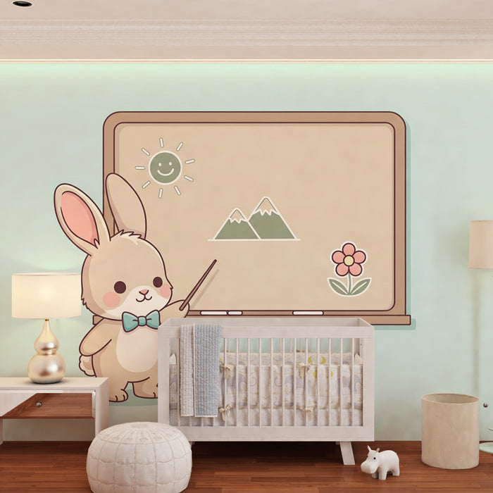 Carta da parati bambini | Coniglio insegnante e scena gioiosa