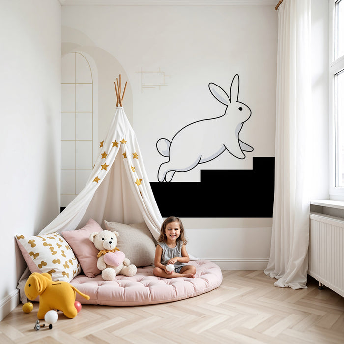 Kids room wallpaper | Naughty rabbit climbing stairs in a minimalist setting