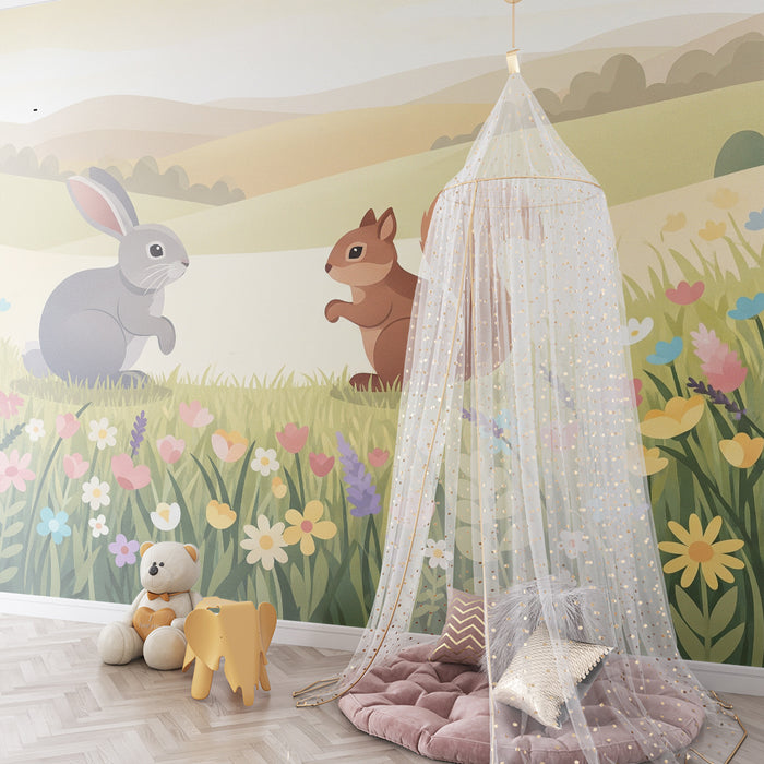 Papier peint chambre enfant | Lapin et écureuil dans un champ fleuri