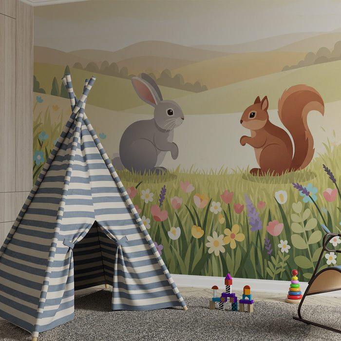 Papier peint chambre enfant | Lapin et écureuil dans un champ fleuri