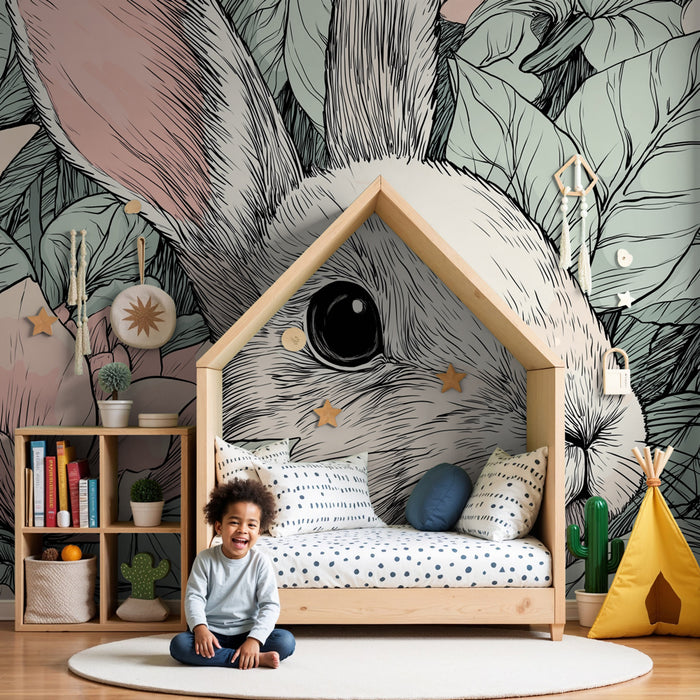 Papier peint chambre enfant | Lapin et fleurs enchantées