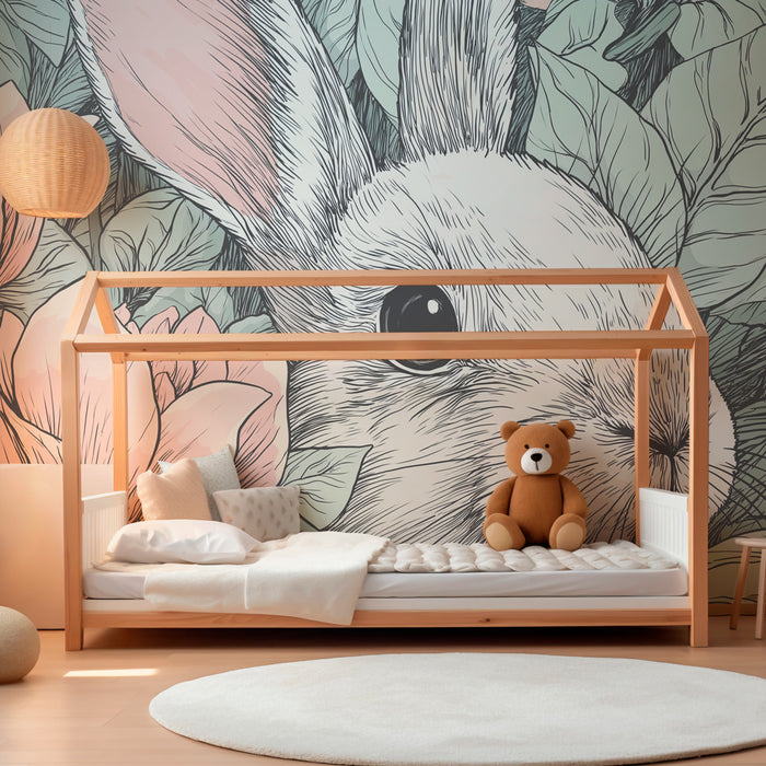 Papier peint chambre enfant | Lapin et fleurs enchantées