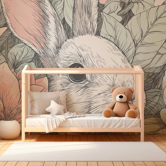 Papier peint chambre enfant | Lapin et fleurs enchantées