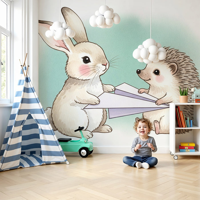 Papier peint chambre enfant | Lapin et hérisson en pleine aventure