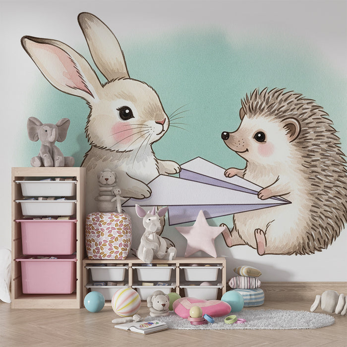 Papier peint chambre enfant | Lapin et hérisson en pleine aventure