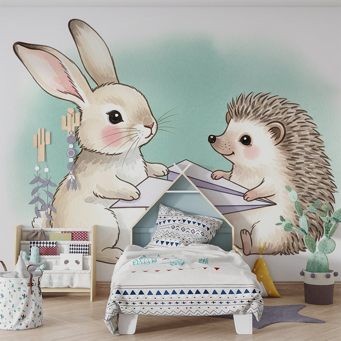 Papier peint chambre enfant | Lapin et hérisson en pleine aventure