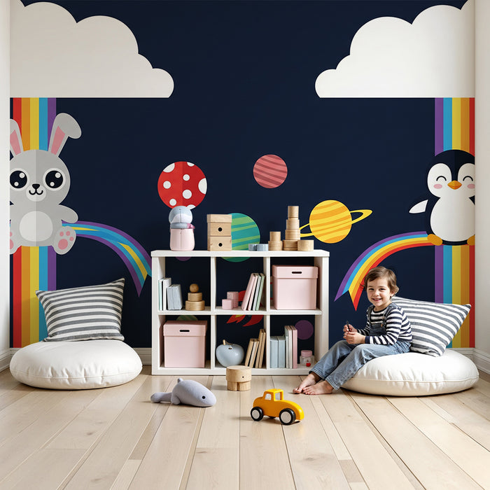 Behang kinderkamer | Kleurrijke konijnen en pinguïns in de ruimte