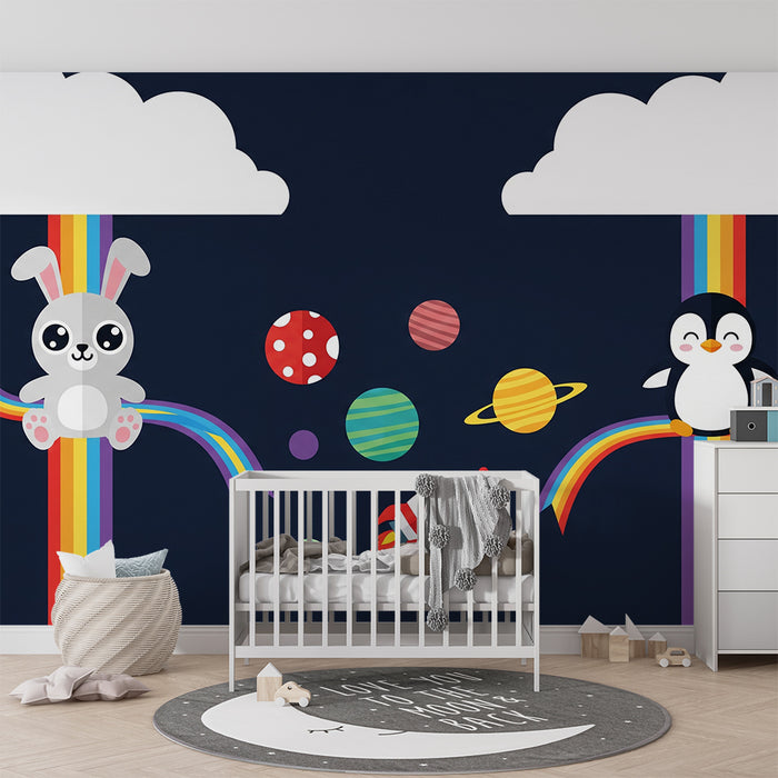 Behang kinderkamer | Kleurrijke konijnen en pinguïns in de ruimte